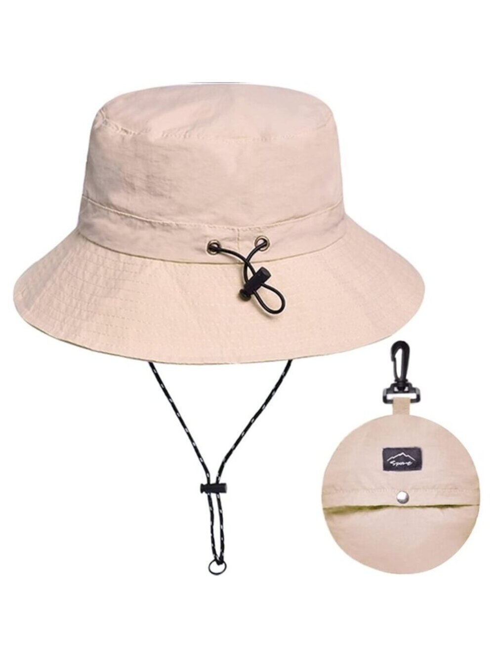 Unisex Beige 100%Nylon Wide Brim Uv Protection Chin Strap Packable Bucket Hat